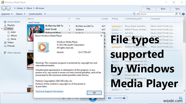 File types supported by Windows Media Player