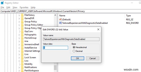 How to turn on or off Tailored Experiences via Settings, Registry or Group Policy