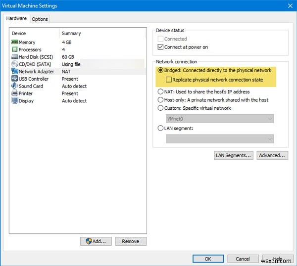 VMware Bridged network not working or detecting in Windows 10