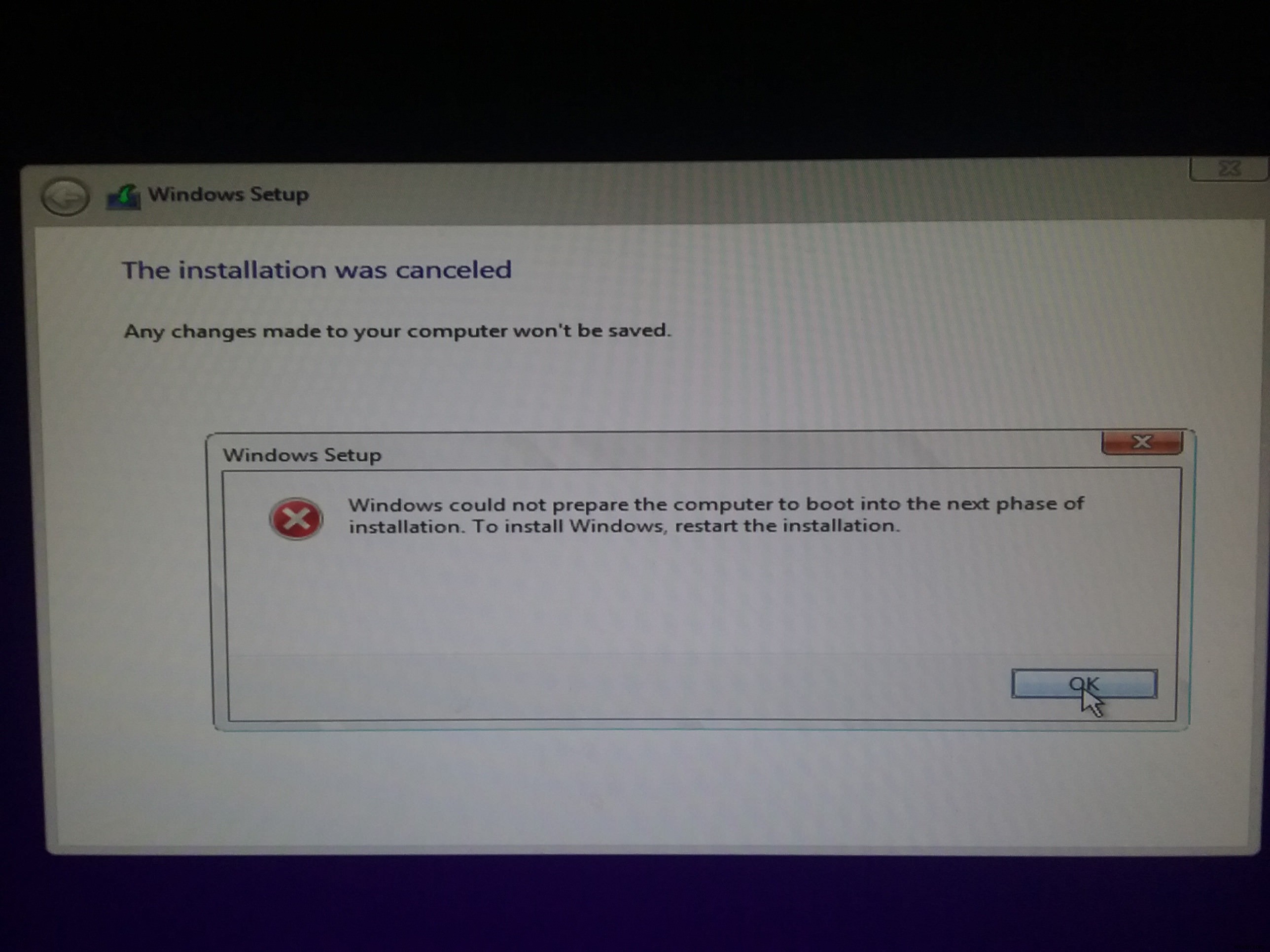 Windows could not prepare the computer to boot into the next phase of installation
