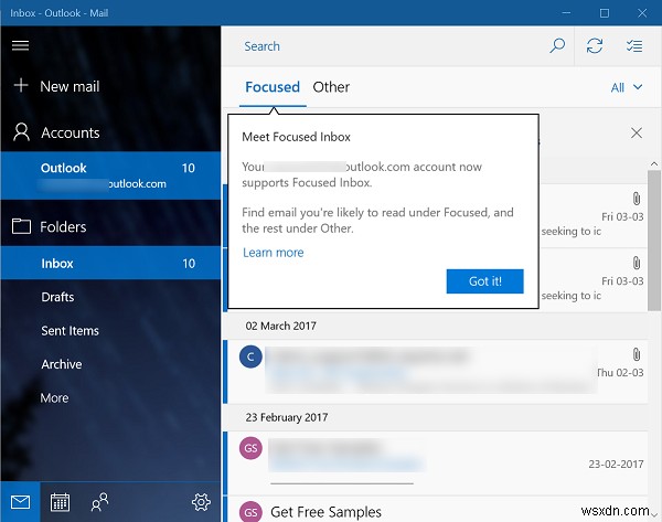 Enable or Disable Focused Inbox feature in Mail App in Windows 10