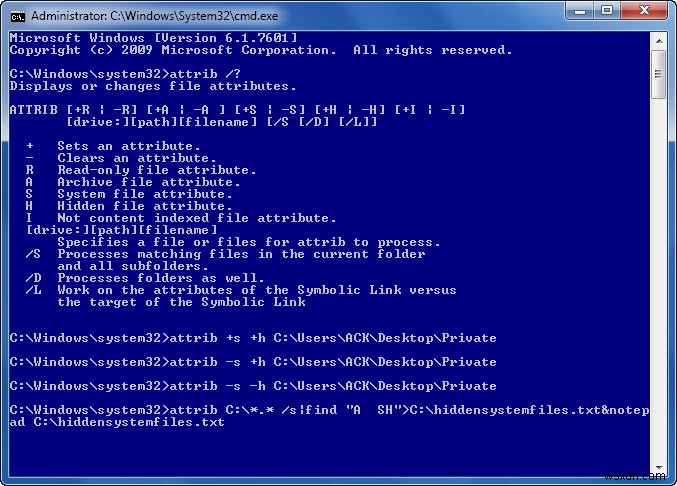 Change File Attributes, create super hidden private files & folders using attrib.exe