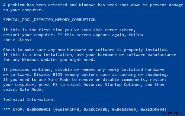SPECIAL POOL DETECTED MEMORY CORRUPTION Stop Code on Windows 10