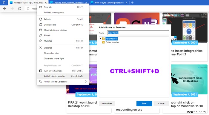 How to save all Tabs as Favorites or Bookmarks in Edge