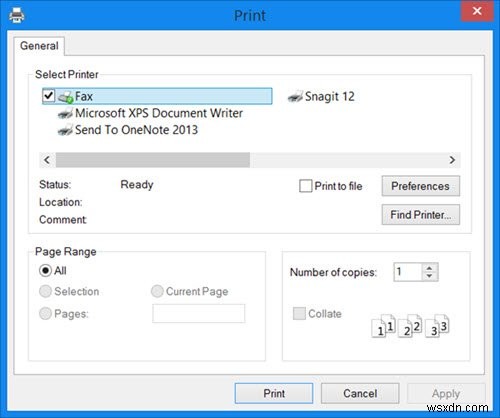 Print command opens Send to OneNote, Save As, Send Fax, etc, dialogue boxes