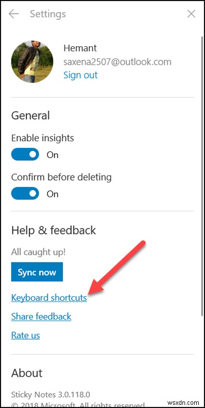 List of Sticky Notes Keyboard Shortcuts on Windows 10