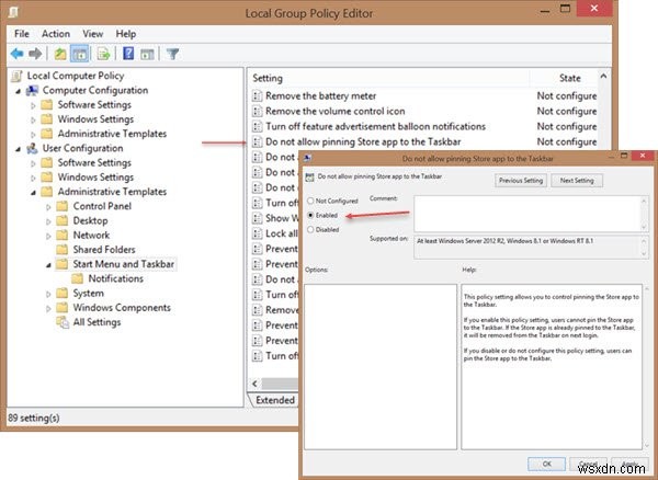 Do not allow pinning of Windows Store app to the Taskbar using Group Policy in Windows 10