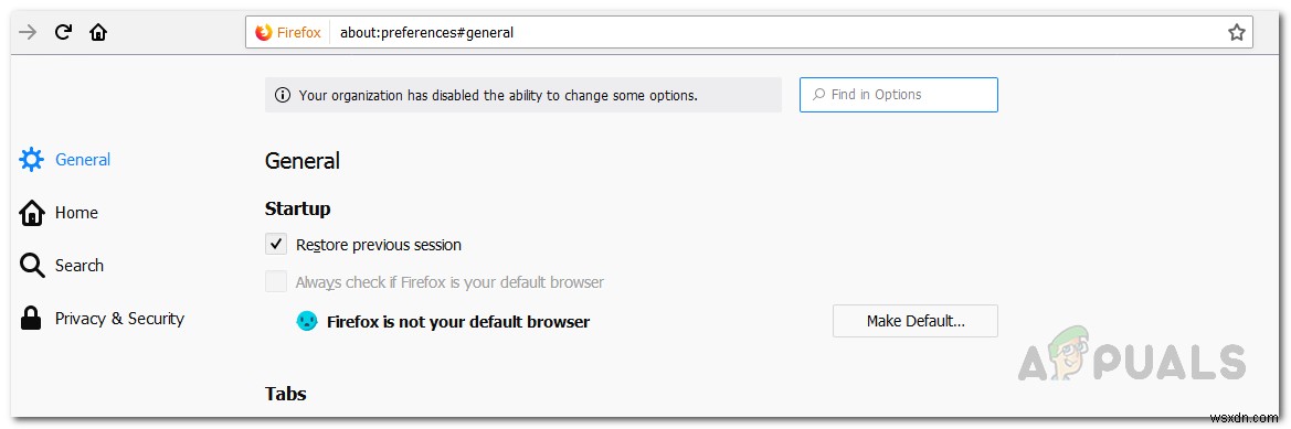 How to Fix “Your organization has disabled the ability to change some options” on Firefox?