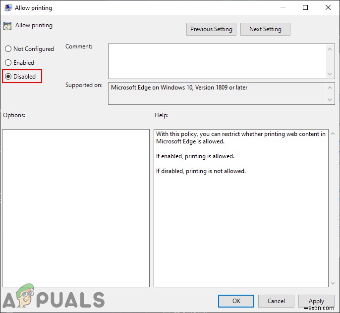 How to Disable Printing in Microsoft Edge on Windows 10?