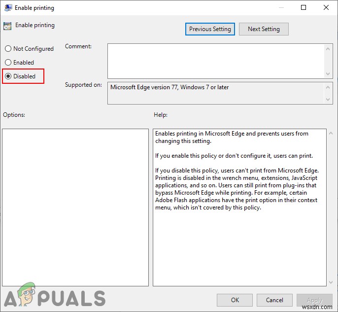 How to Disable Printing in Microsoft Edge on Windows 10?