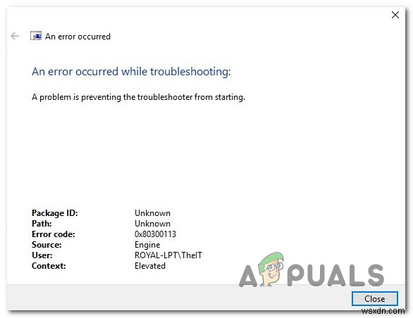 Internet Troubleshooter Error 0x80300113