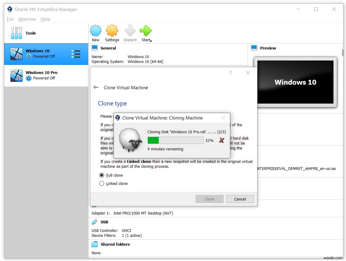 Clone the virtual machine in the Oracle VM VirtualBox