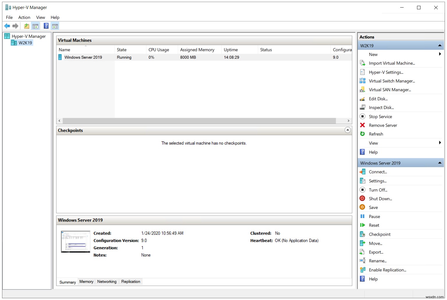 Exploring different actions in the Hyper-V 2019
