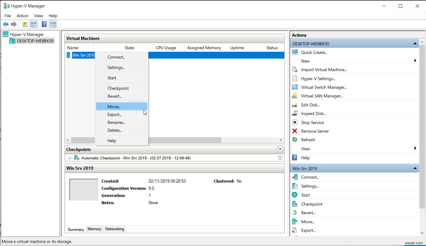 Moving VMs from one location to another using Hyper-V 2019