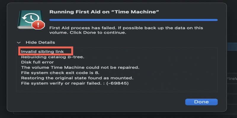 How to fix an invalid sibling link error on the hard drive?
