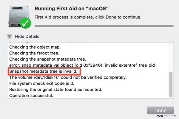 How to fix invalid snapshot metadata tree/APFS snapshot error?