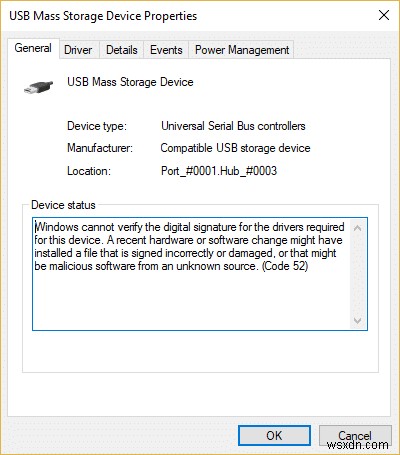 Fix USB Error Code 52 Windows cannot verify the digital signature