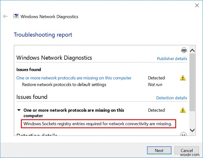Fix Windows sockets registry entries required for network connectivity are missing