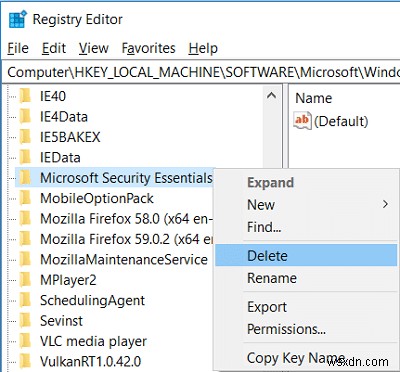 Uninstall Microsoft Security Essentials in Windows 10