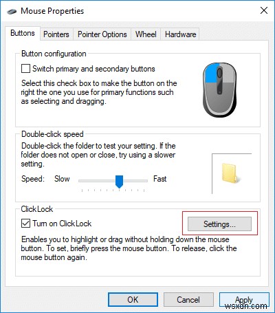 Enable or Disable Mouse ClickLock in Windows 10