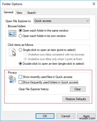 Turn Off Recent Items and Frequent Places in Windows 10