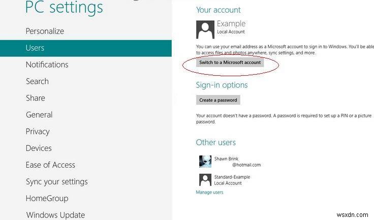 Switch between Microsoft account and local account in Windows 8