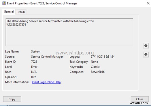 FIX: Data Sharing Service service terminated with error %%3239247874 in Server 2016. (Solved)