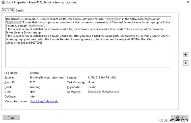 FIX Event ID 4105: Remote Desktop license server cannot update the license attributes for user in Active Directory Domain.