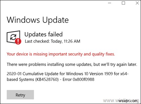 FIX: Cumulative Update KB4528760 failed with Error 0x800f0988.
