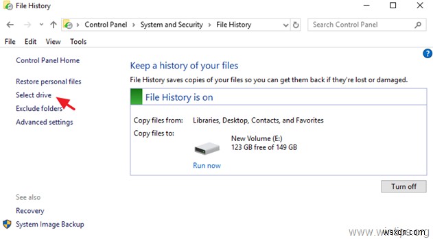 How to Use a Different Drive in File History.