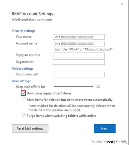 How to Change where Sent emails are stored for an IMAP account in Outlook 2016/2019.