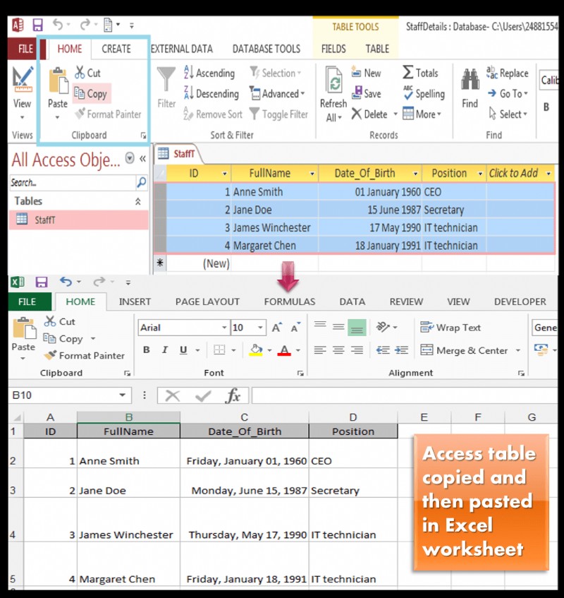 Exchange (Copy, Import, Export) Data Between Excel and Access