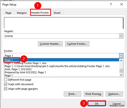 How to Add the Footer Page 1 to the Current Worksheet