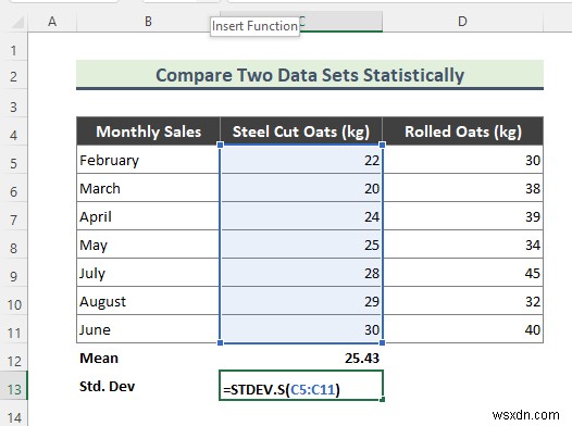 Statistical Comparison of Two Data Sets Excel