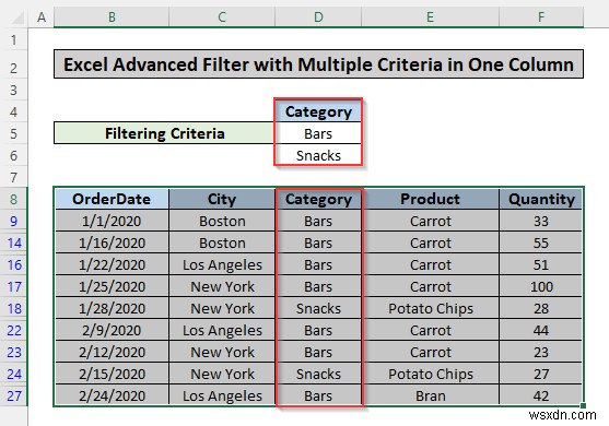 Apply Advanced Filter Based on Multiple Criteria in One Column in Excel
