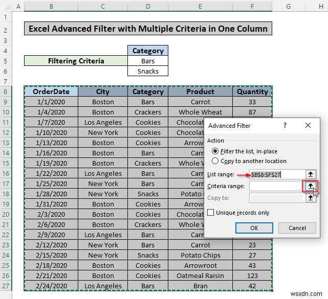 Apply Advanced Filter Based on Multiple Criteria in One Column in Excel