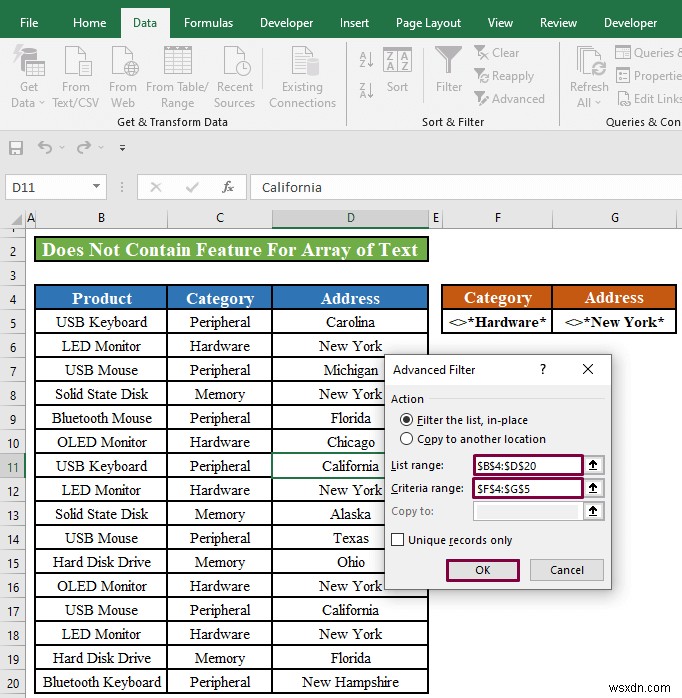 Excel Advanced Filter: Apply “Does Not Contain” (2 Methods)