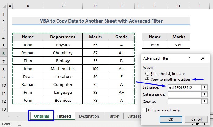 VBA to Copy Data to Another Sheet with Advanced Filter in Excel