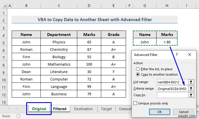 VBA to Copy Data to Another Sheet with Advanced Filter in Excel