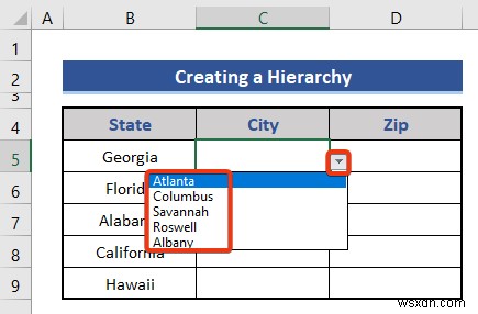 How to Create a Hierarchy of the State City and Zip Code in Excel