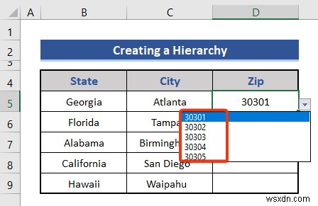 How to Create a Hierarchy of the State City and Zip Code in Excel