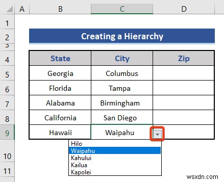 How to Create a Hierarchy of the State City and Zip Code in Excel