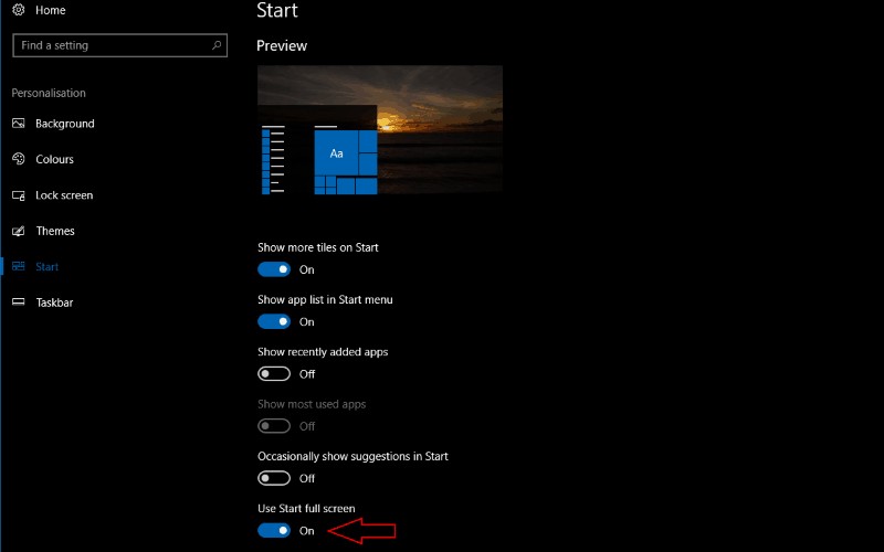 How to enable the full screen Start Menu in Windows 10