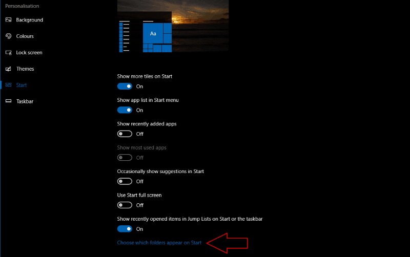 How to customise the folder shortcuts in the Windows 10 Start Menu