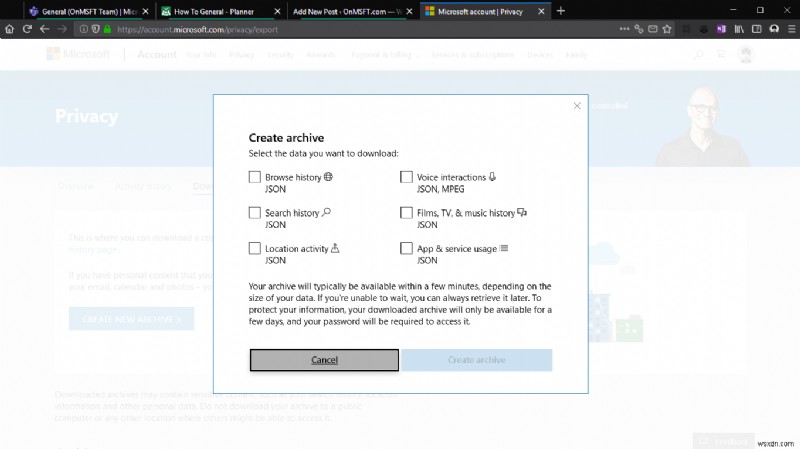 How to download an archive of your Microsoft account data