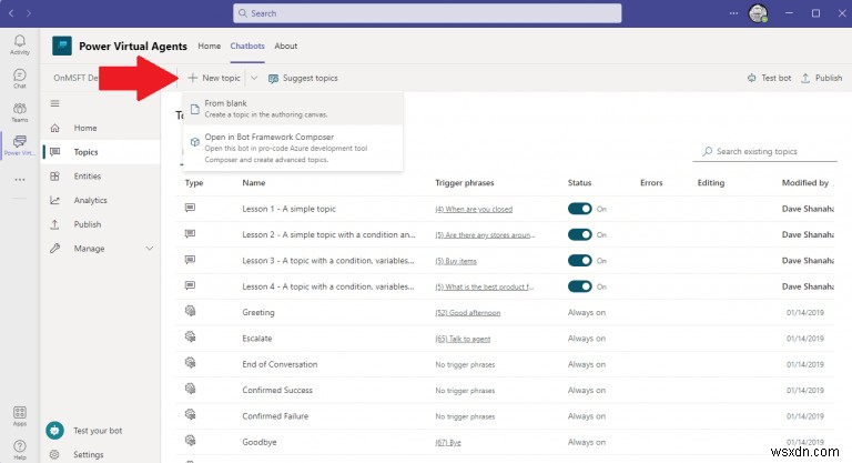 How to create and edit topics for your Power Virtual Agents chatbots on Microsoft Teams