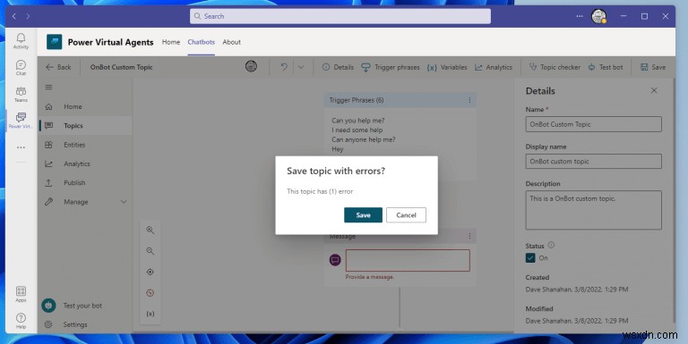 How to create and edit topics for your Power Virtual Agents chatbots on Microsoft Teams