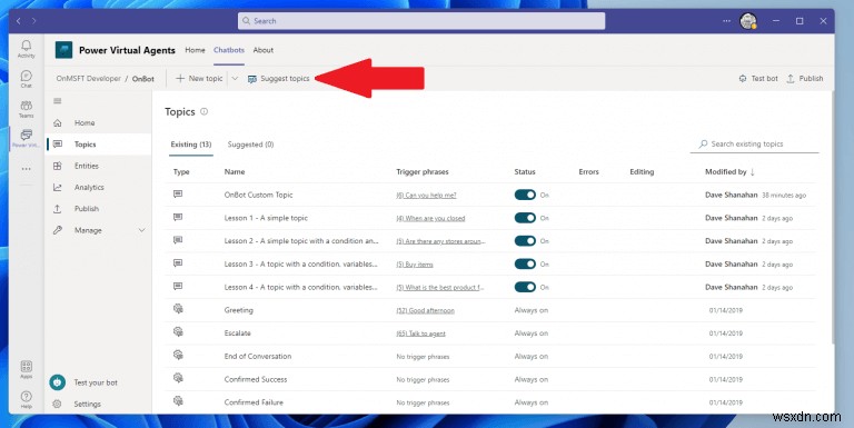 How to create and edit topics for your Power Virtual Agents chatbots on Microsoft Teams