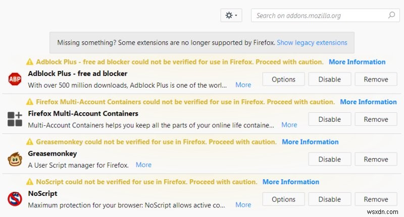 Firefox disables all add-ons - Problem & Solution