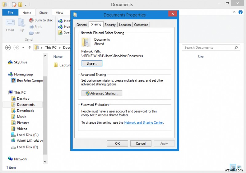 Using the Advanced Sharing Feature on Windows